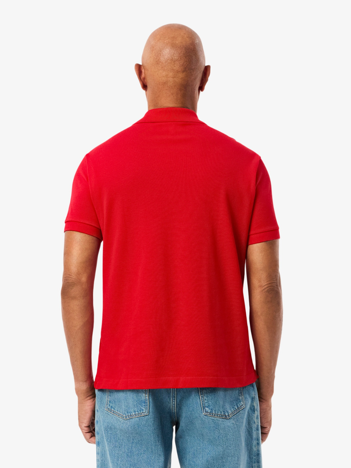 LACOSTE Classic Fit L.12.12 Original Polo Shirt in Red - Close-up of Two-Button Placket and Ribbed Collar Detail