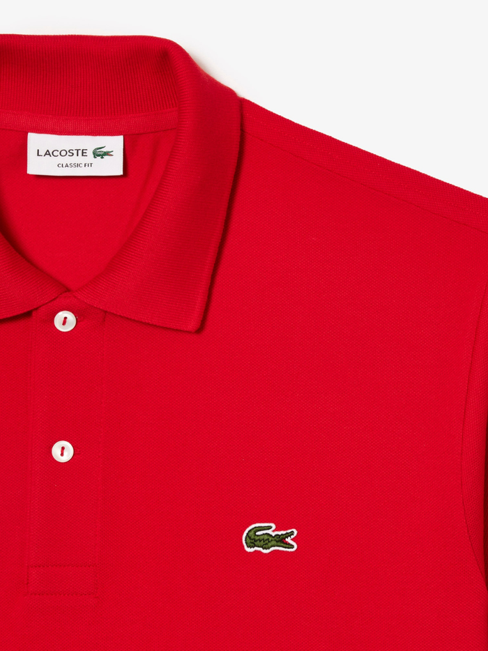 LACOSTE Classic Fit L.12.12 Original Polo Shirt in Red - Chest Detail Featuring Iconic Embroidered Green Crocodile Logo