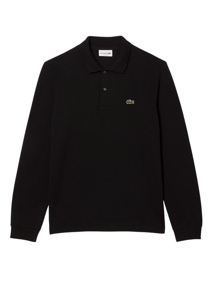 LACOSTE Classic Fit Long Sleeved L.12.12 Polo Shirt in Black - Front View