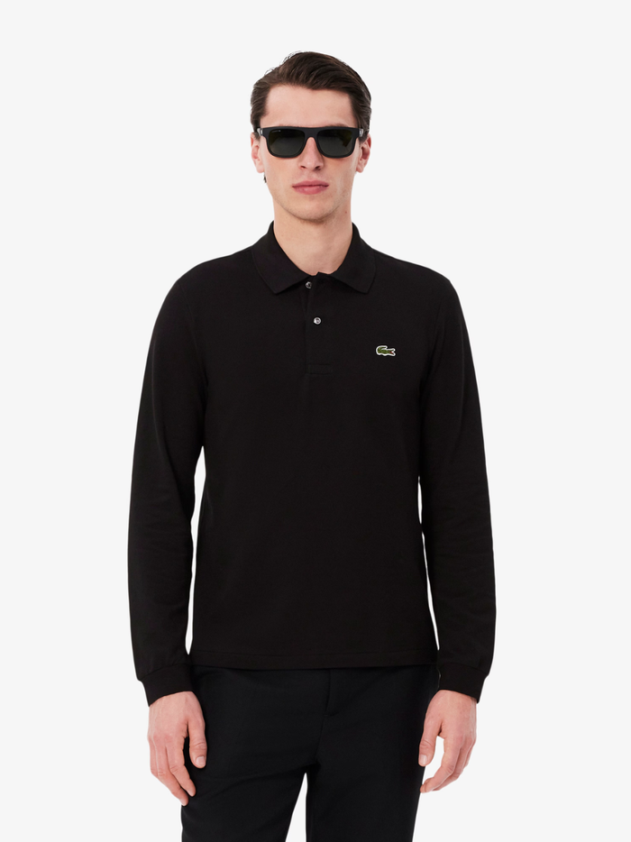 LACOSTE Classic Fit Long Sleeved L.12.12 Polo Shirt in Black - Back View