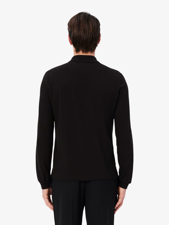 LACOSTE Classic Fit Long Sleeved L.12.12 Polo Shirt in Black - Sleeve Detail with Iconic Crocodile Logo
