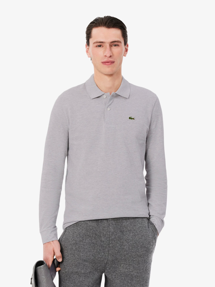 LACOSTE Classic Fit Long Sleeved L.12.12 Polo Shirt in Grey - Back View
