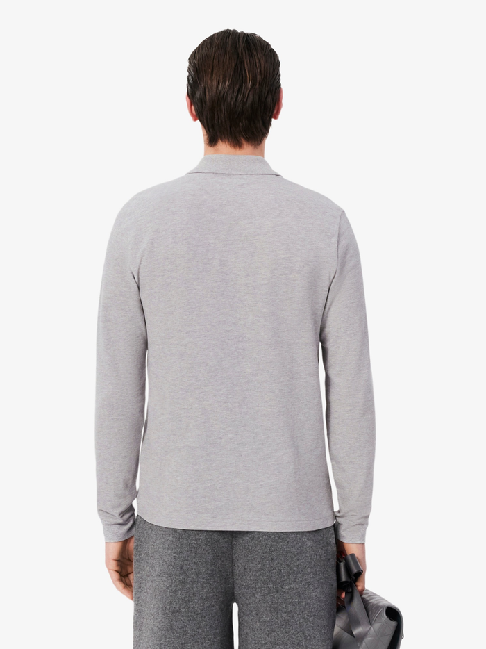 LACOSTE Classic Fit Long Sleeved L.12.12 Polo Shirt in Grey - Close-up of Collar and Buttons