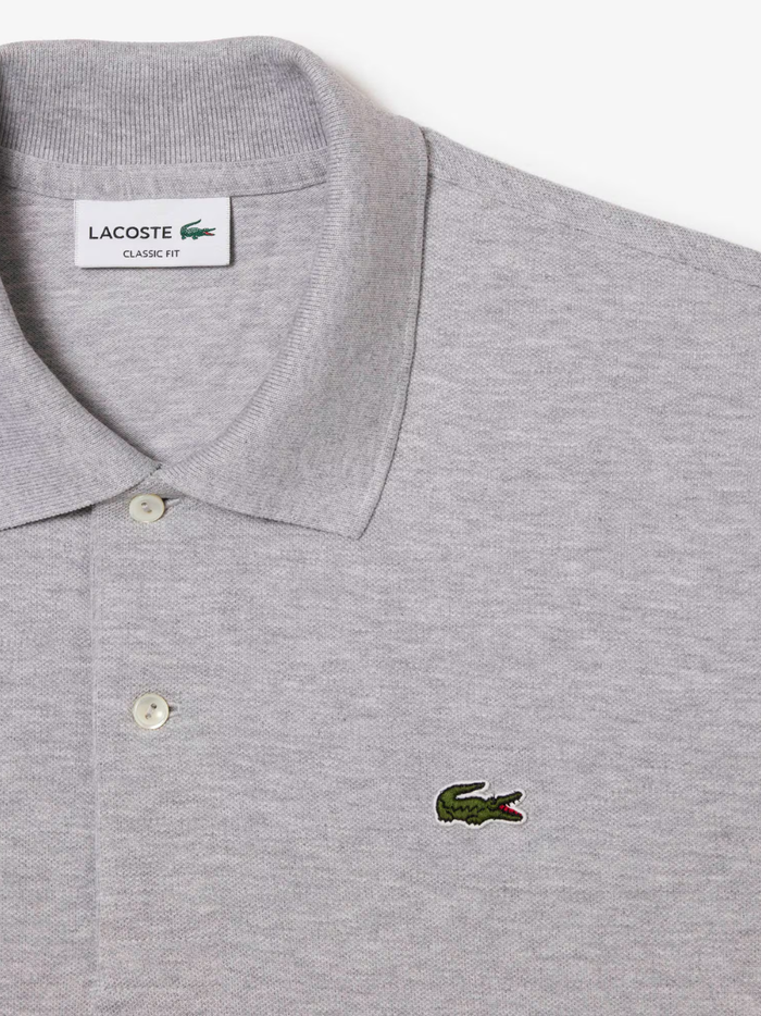 LACOSTE Classic Fit Long Sleeved L.12.12 Polo Shirt in Grey - Sleeve Detail with Iconic Crocodile Logo