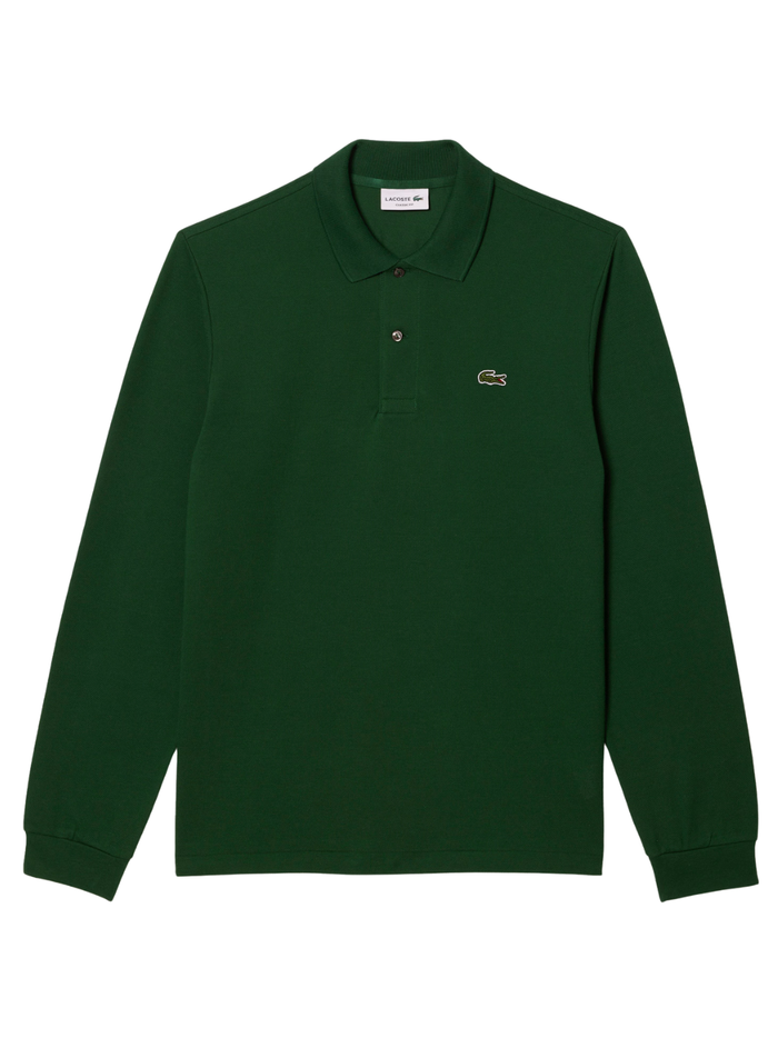LACOSTE Classic Fit Long Sleeved L.12.12 Polo Shirt in Pine Green - Front View