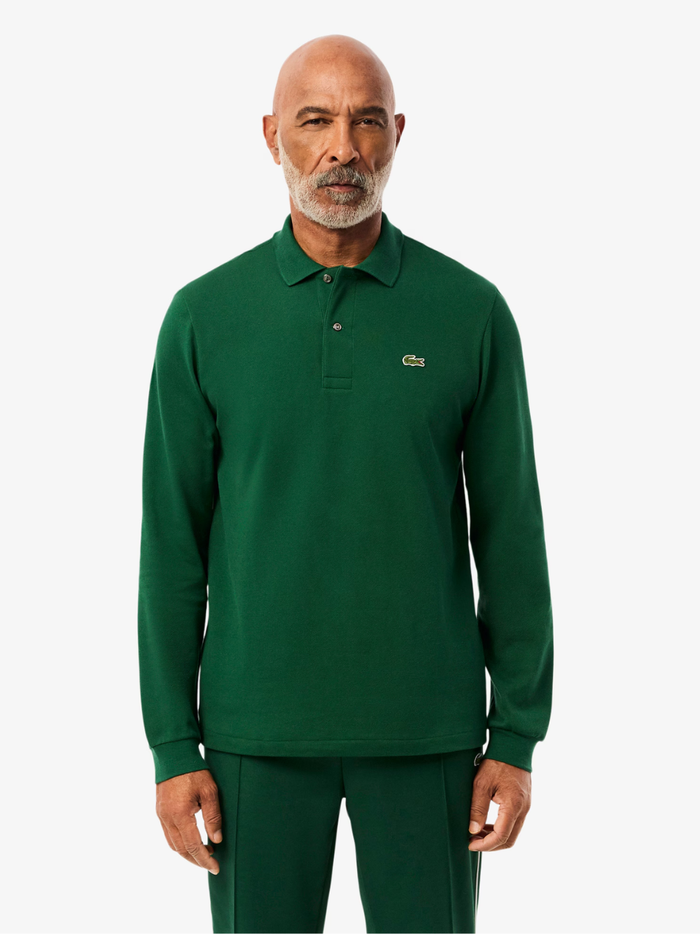 LACOSTE Classic Fit Long Sleeved L.12.12 Polo Shirt in Pine Green - Back View
