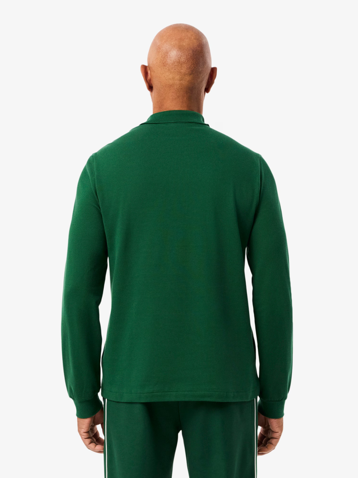 LACOSTE Classic Fit Long Sleeved L.12.12 Polo Shirt in Pine Green - Close-up of Collar and Buttons