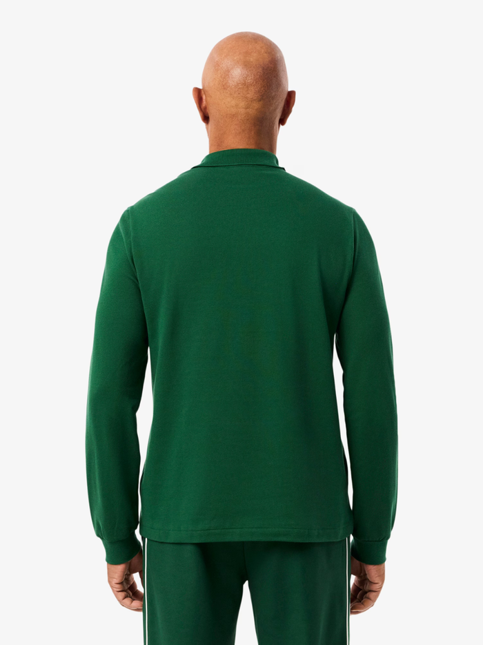 LACOSTE Classic Fit Long Sleeved L.12.12 Polo Shirt in Pine Green - Sleeve Detail with Iconic Crocodile Logo