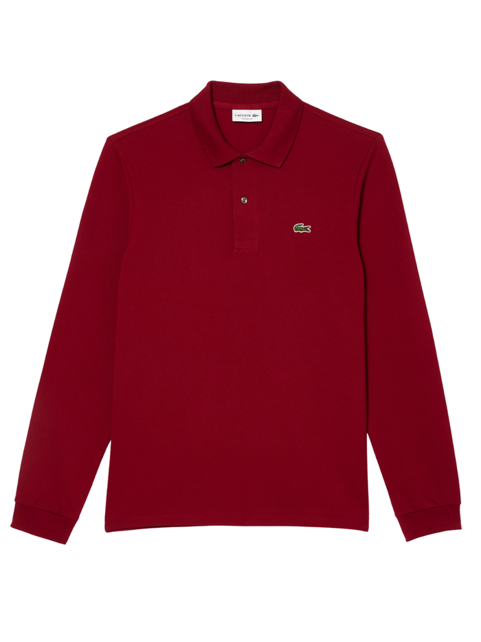 LACOSTE Classic Fit Long Sleeved L.12.12 Polo Shirt in Bordeaux Red - Front View