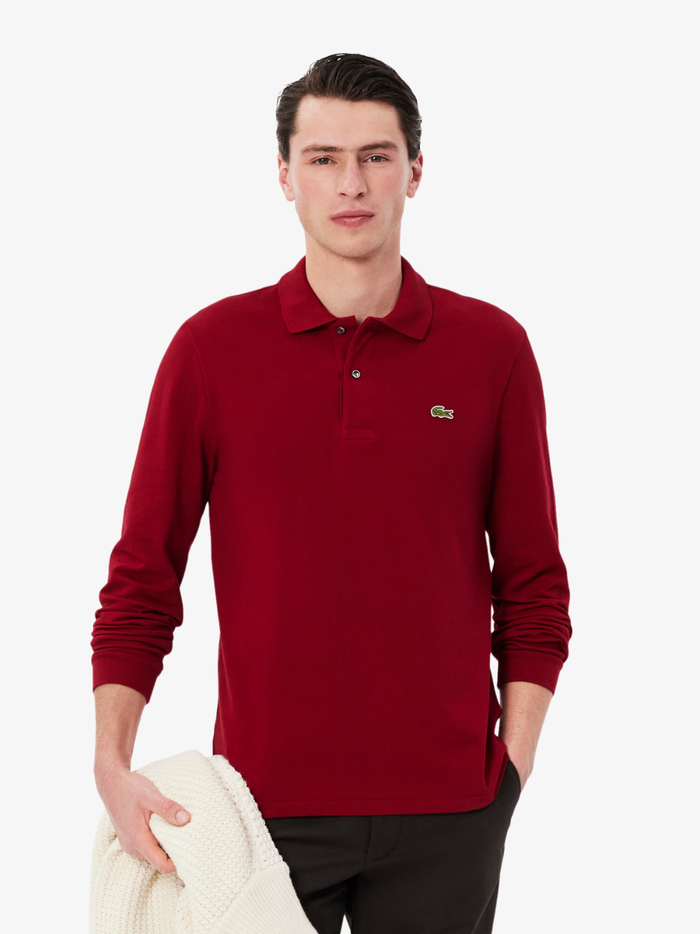 LACOSTE Classic Fit Long Sleeved L.12.12 Polo Shirt in Bordeaux Red - Back View