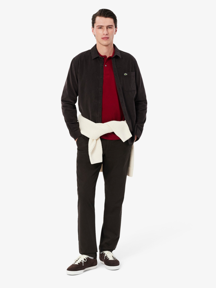 LACOSTE Classic Fit Long Sleeved L.12.12 Polo Shirt in Bordeaux Red - Side Detail View