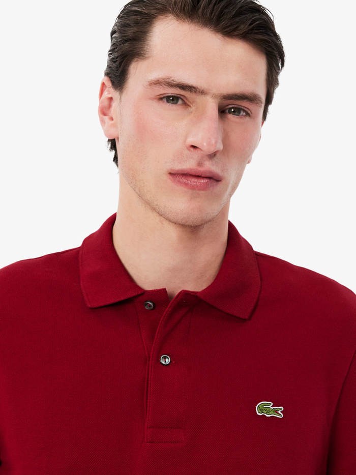 LACOSTE Classic Fit Long Sleeved L.12.12 Polo Shirt in Bordeaux Red - Close-up of Collar and Buttons