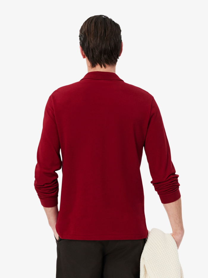 LACOSTE Classic Fit Long Sleeved L.12.12 Polo Shirt in Bordeaux Red - Sleeve Detail with Iconic Crocodile Logo