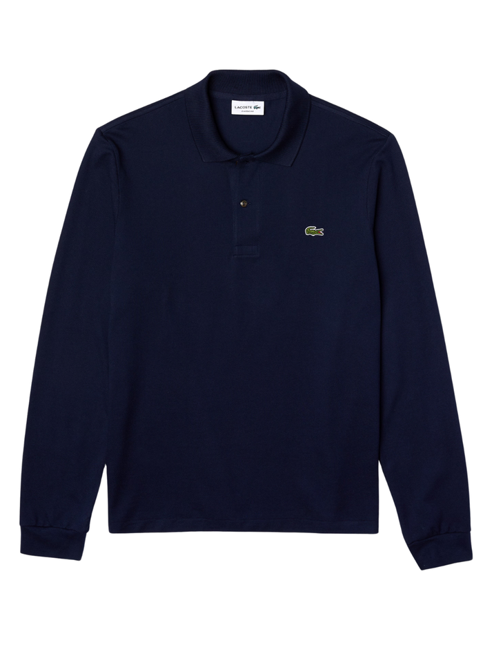 LACOSTE Classic Fit Long Sleeved L.12.12 Polo Shirt in Midnight Blue - Front View