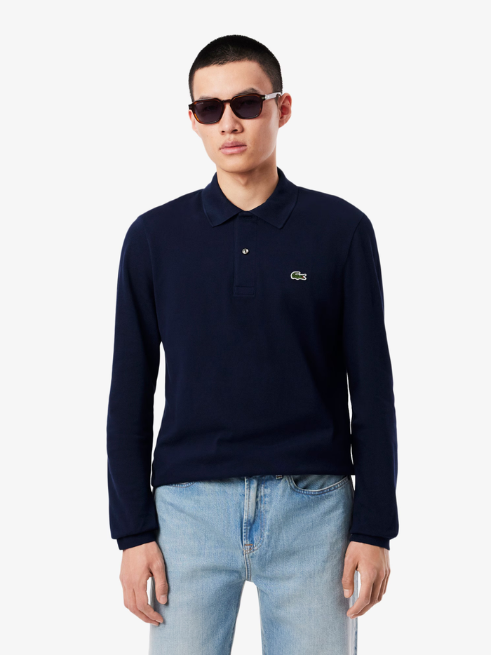 LACOSTE Classic Fit Long Sleeved L.12.12 Polo Shirt in Midnight Blue - Back View
