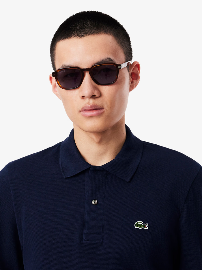 LACOSTE Classic Fit Long Sleeved L.12.12 Polo Shirt in Midnight Blue - Side Detail View