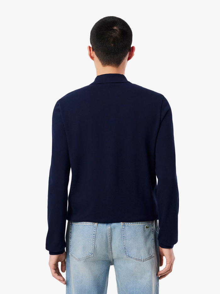 LACOSTE Classic Fit Long Sleeved L.12.12 Polo Shirt in Midnight Blue - Close-up of Collar and Buttons