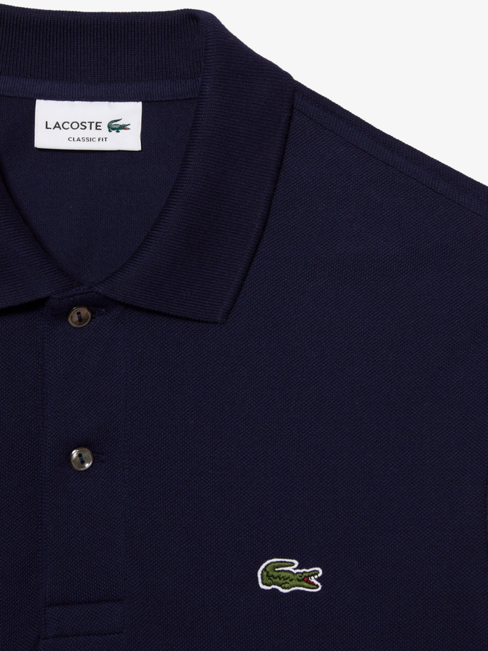 LACOSTE Classic Fit Long Sleeved L.12.12 Polo Shirt in Midnight Blue - Sleeve Detail with Iconic Crocodile Logo
