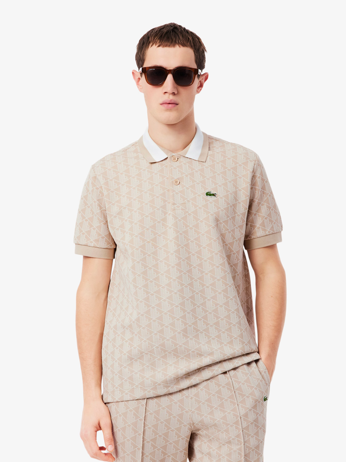 LACOSTE Classic Fit Monogram Jacquard Polo Shirt Beige - MAISONDEFASHION.COM