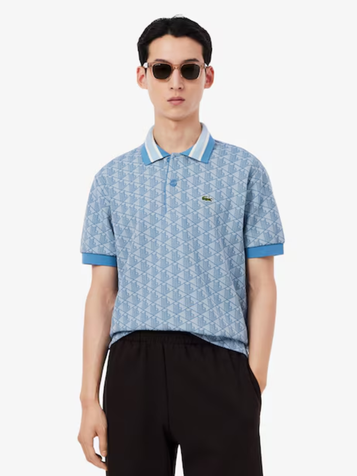 LACOSTE Classic Fit Monogram Jacquard Polo Shirt Blue - MAISONDEFASHION.COM