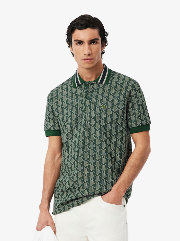 LACOSTE Classic Fit Monogram Jacquard Polo Shirt Green - MAISONDEFASHION.COM