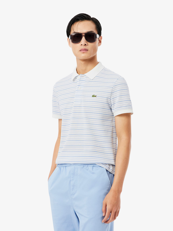 LACOSTE Classic Fit Striped Petit Piqué Polo Shirt Light Blue/White - MAISONDEFASHION.COM