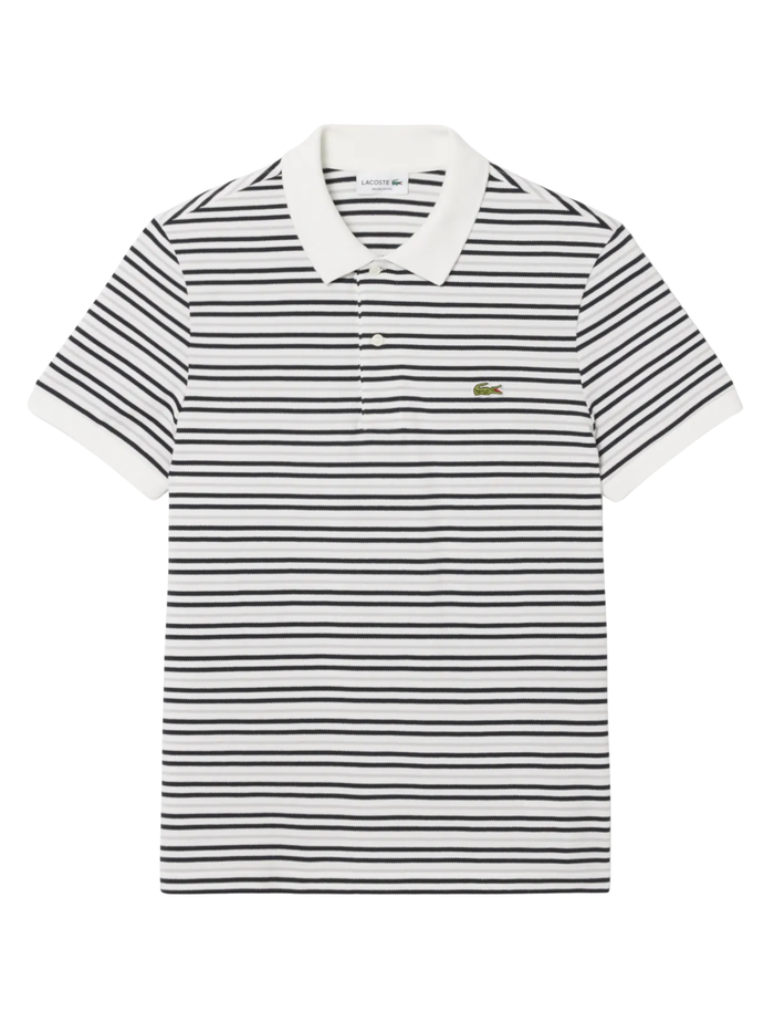 LACOSTE Classic Fit Striped Petit Pique Polo Shirt White/Black - MAISONDEFASHION.COM