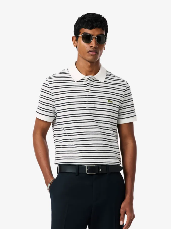 LACOSTE Classic Fit Striped Petit Pique Polo Shirt White/Black - MAISONDEFASHION.COM