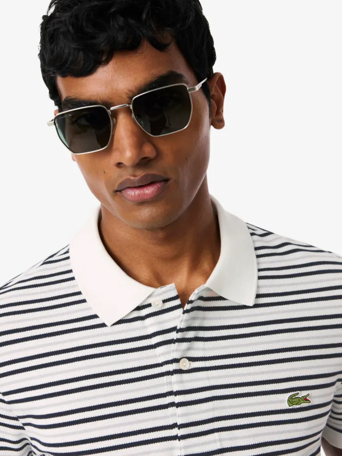 LACOSTE Classic Fit Striped Petit Pique Polo Shirt White/Black - MAISONDEFASHION.COM