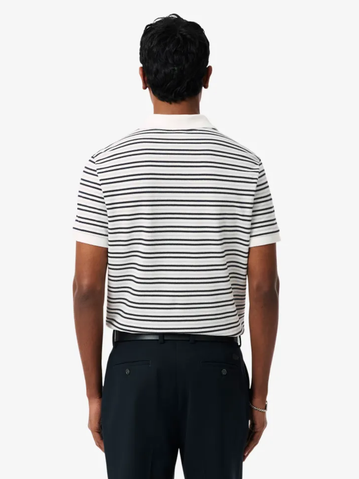 LACOSTE Classic Fit Striped Petit Pique Polo Shirt White/Black - MAISONDEFASHION.COM