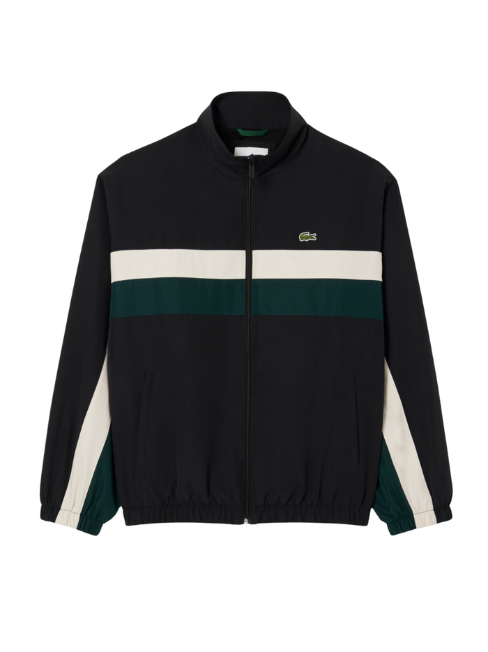 LACOSTE Colour-Block Water-Repellent Track Jacket in Black - front view showing colour-block design and LACOSTE branding