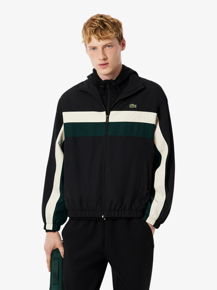 LACOSTE Black Colour-Block Track Jacket - back view displaying the jacket's silhouette and colour-block pattern