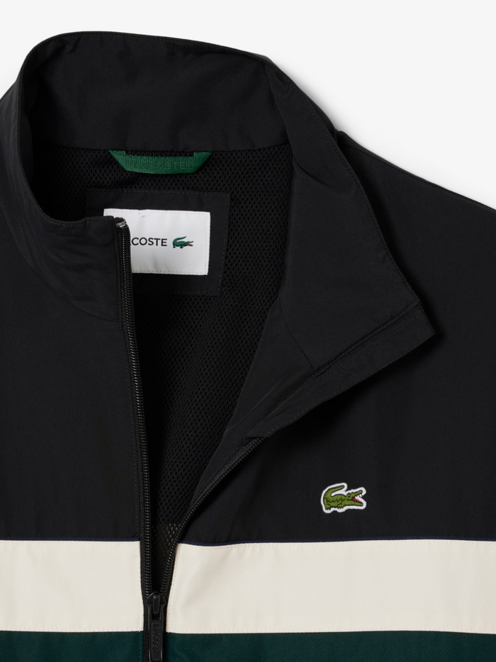 LACOSTE Water-Repellent Black Jacket - additional product view highlighting the colour-block design and track jacket functionality