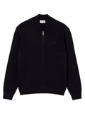 LACOSTE Cotton and Wool Knit Bomber Jacket in Black - front view showing ribbed cuffs, zip closure and iconic crocodile logo