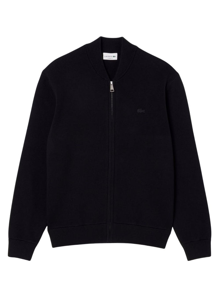 LACOSTE Cotton and Wool Knit Bomber Jacket in Black - front view showing ribbed cuffs, zip closure and iconic crocodile logo