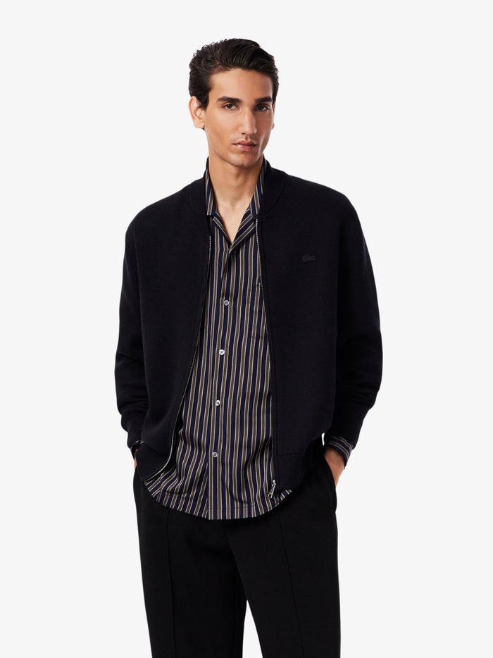 LACOSTE Black bomber jacket - back view displaying cotton and wool knit fabric and classic bomber silhouette