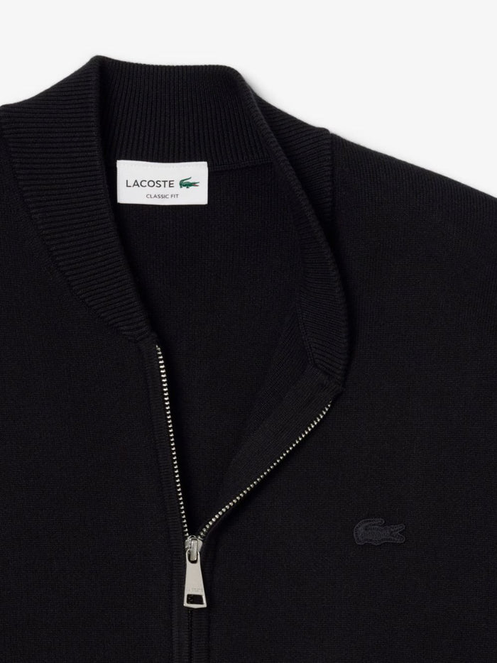 LACOSTE Cotton and Wool Knit Bomber Jacket - lifestyle shot or flat lay showcasing complete design in Black