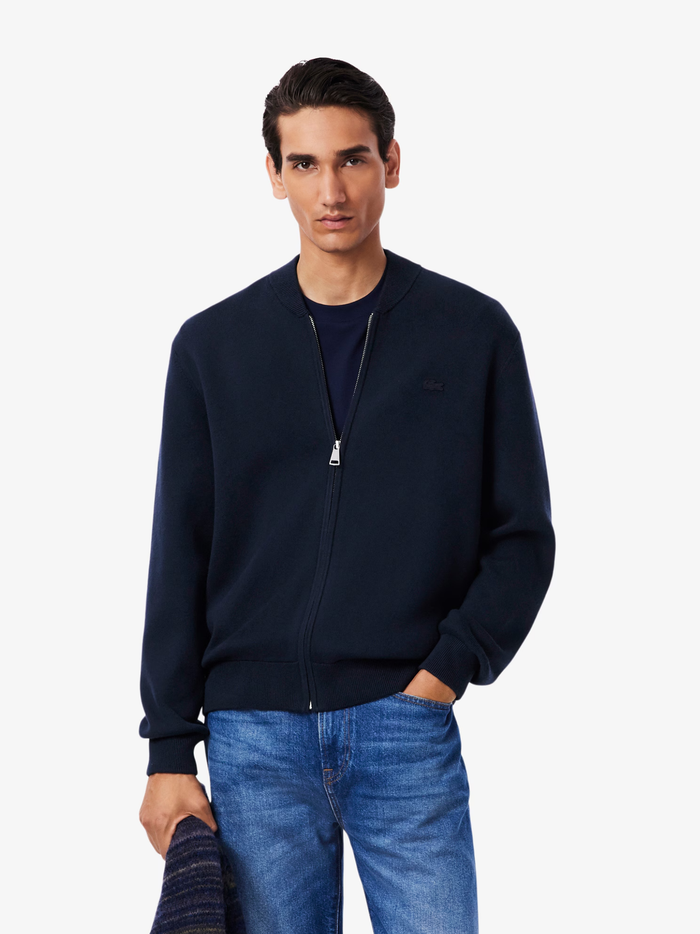 LACOSTE Cotton and Wool Knit Bomber Jacket Midnight Blue - MAISONDEFASHION.COM