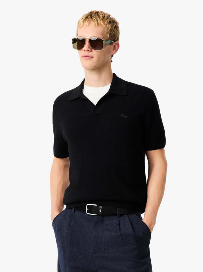 LACOSTE Cotton Blend Open Polo Collar Sweater Black - MAISONDEFASHION.COM