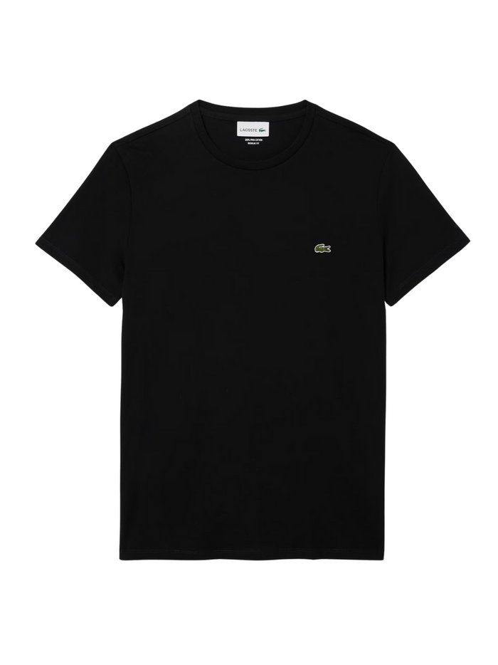 LACOSTE Cotton Pima T-shirt in Black - front view showing classic fit and iconic green crocodile logo