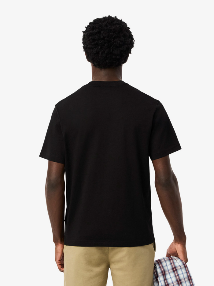LACOSTE Cotton T-shirt Black - close-up detail of the embroidered crocodile logo and soft cotton texture