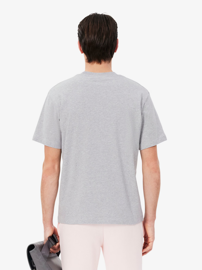LACOSTE grey cotton t-shirt close-up detail of crocodile logo and fabric texture