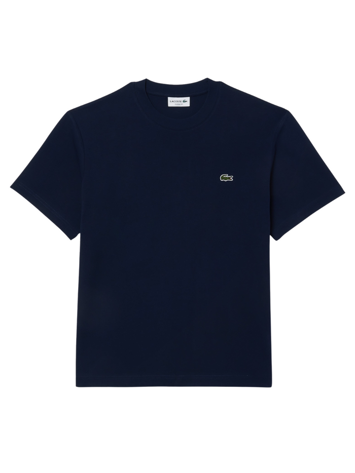 LACOSTE Cotton T-shirt in Midnight Blue - front view showing classic polo design with iconic crocodile logo
