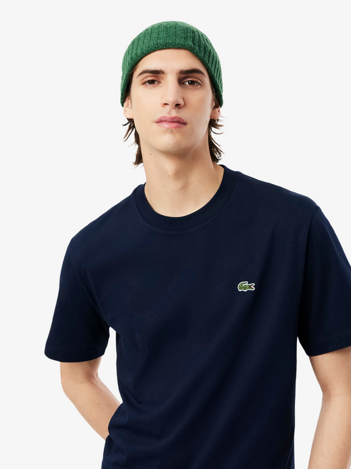 LACOSTE Cotton T-shirt Midnight Blue - close-up detail of the embroidered LACOSTE crocodile logo