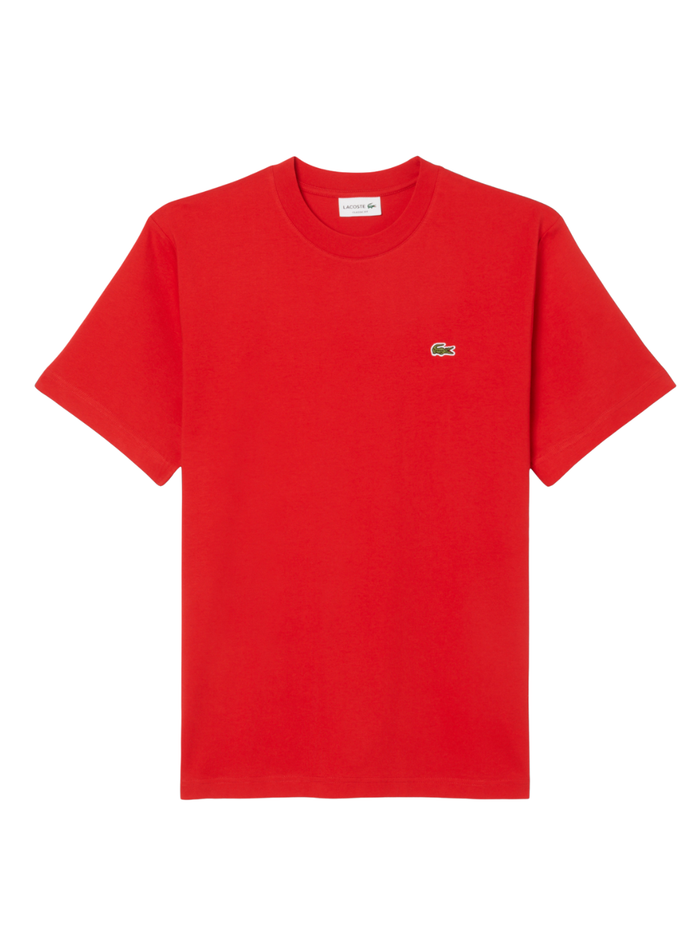 LACOSTE Cotton T-shirt in Red - front view showing classic crew neck design and iconic crocodile logo