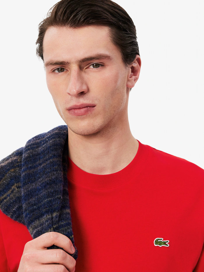 LACOSTE Cotton T-shirt Red - close-up detail of iconic crocodile logo embroidery