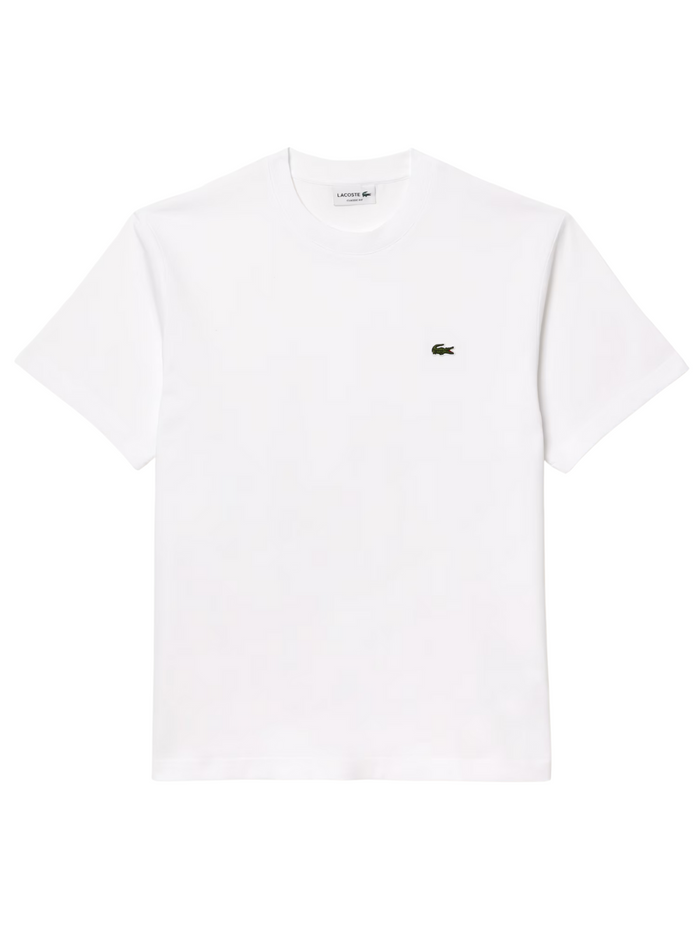 LACOSTE Cotton T-shirt in White - front view showing classic fit and iconic green crocodile logo