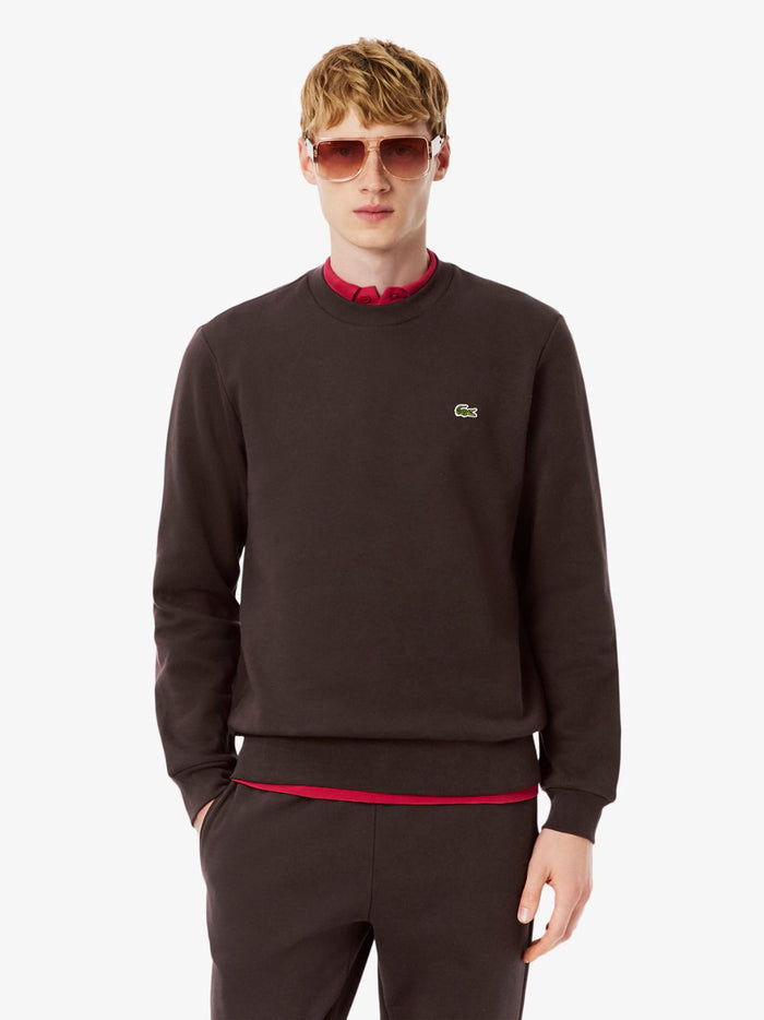 LACOSTE Fleece Crew Neck Sweatshirt Brown - MAISONDEFASHION.COM