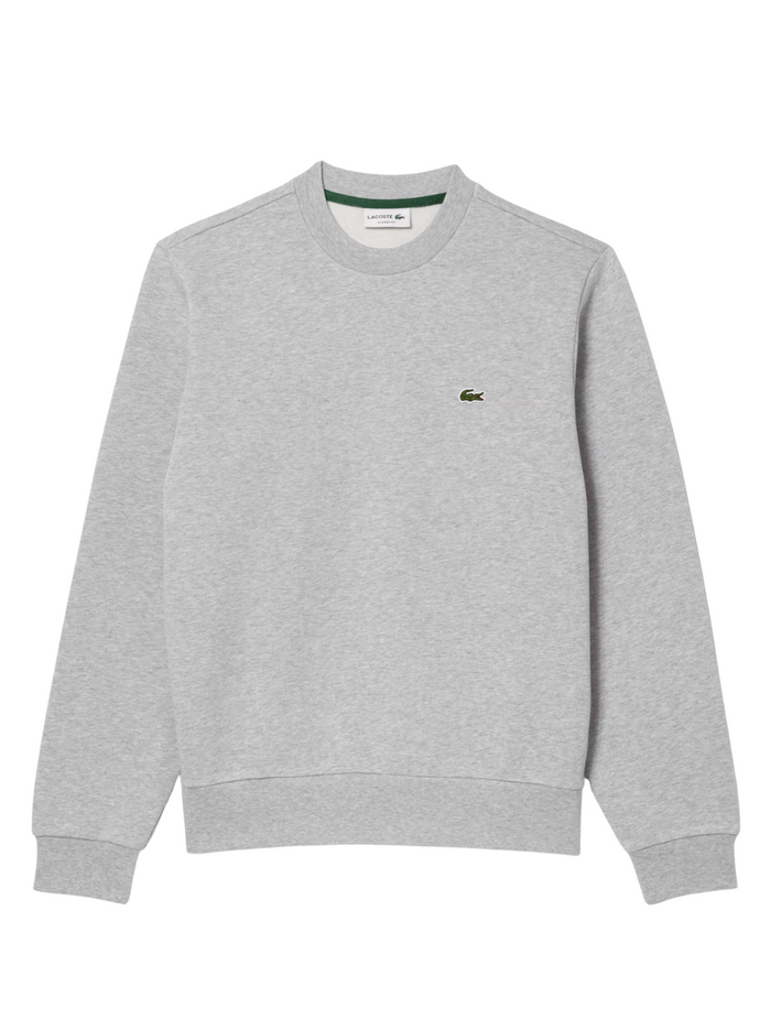LACOSTE Fleece Crew Neck Sweatshirt in grey - front view showing the iconic crocodile logo and classic crew neck design