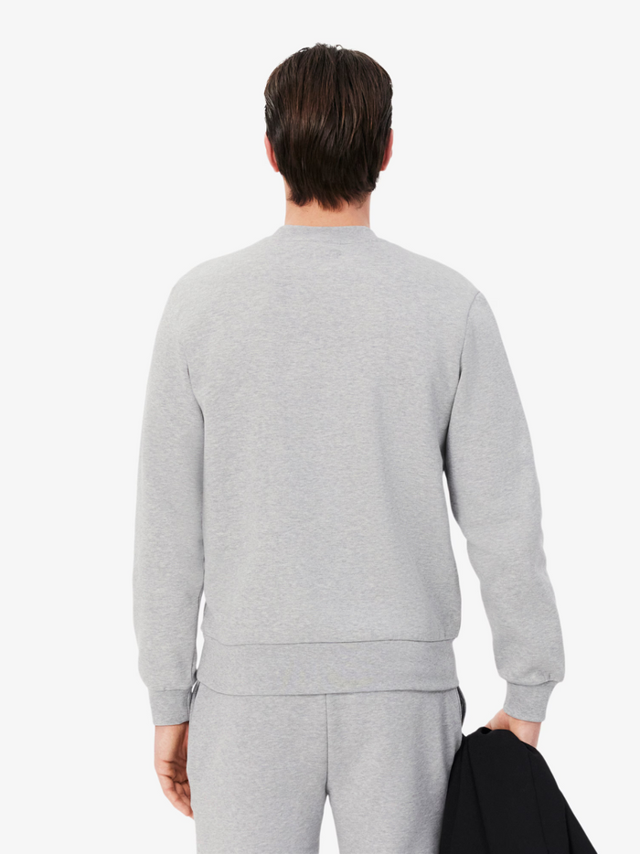 LACOSTE Fleece Crew Neck Sweatshirt Grey - close-up of the crew neckline and ribbed collar detail